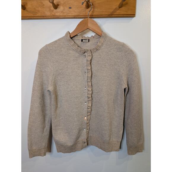 J.Crew Oatmeal Cashmere Blend Ruffle Trim Cardigan Feminine Coquette Small - Picture 1 of 7